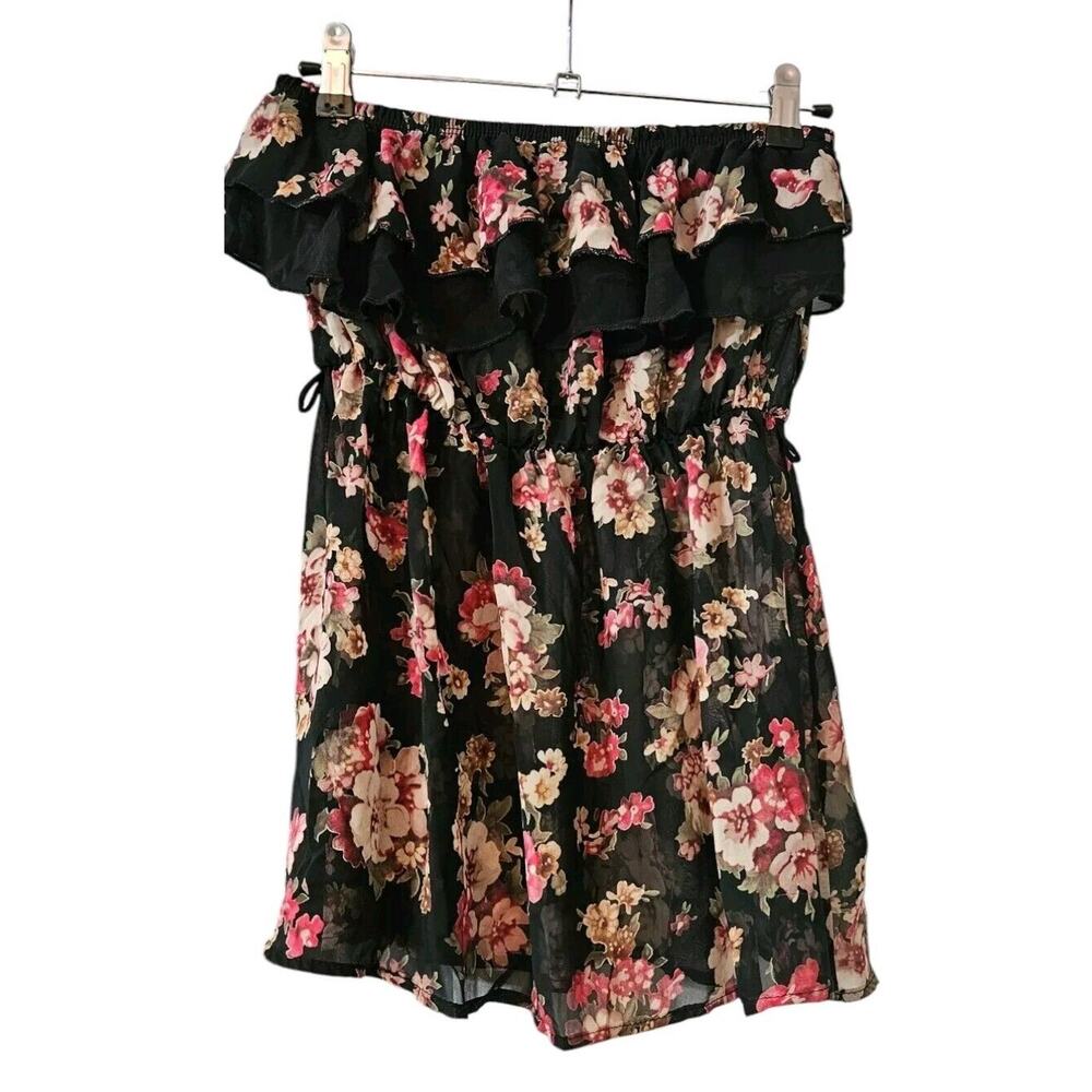 Misope Womens Medium Sheer Dark Floral Floral Top Off Shoulder Elastic Ruffle